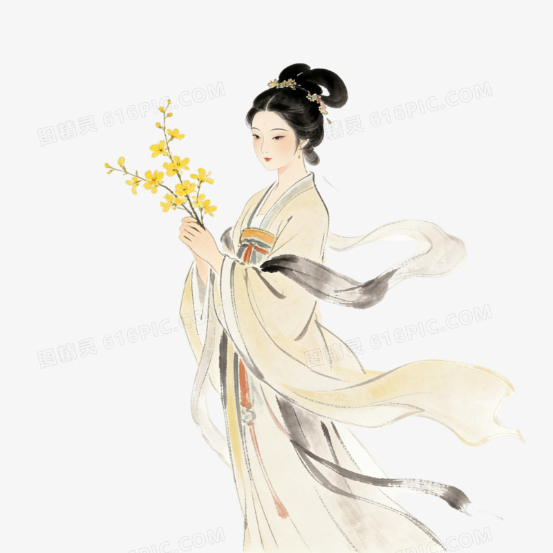 立春时节美女拿树枝ai免抠元素
