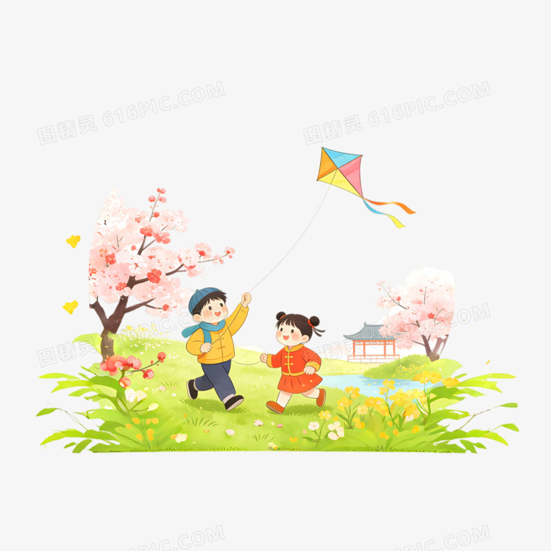 立春时节孩子游春放风筝ai免抠元素