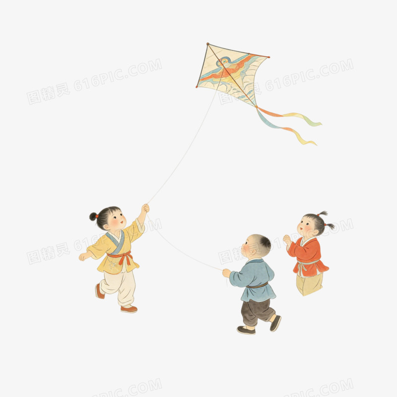 立春时节一群小孩子放风筝ai免抠元素