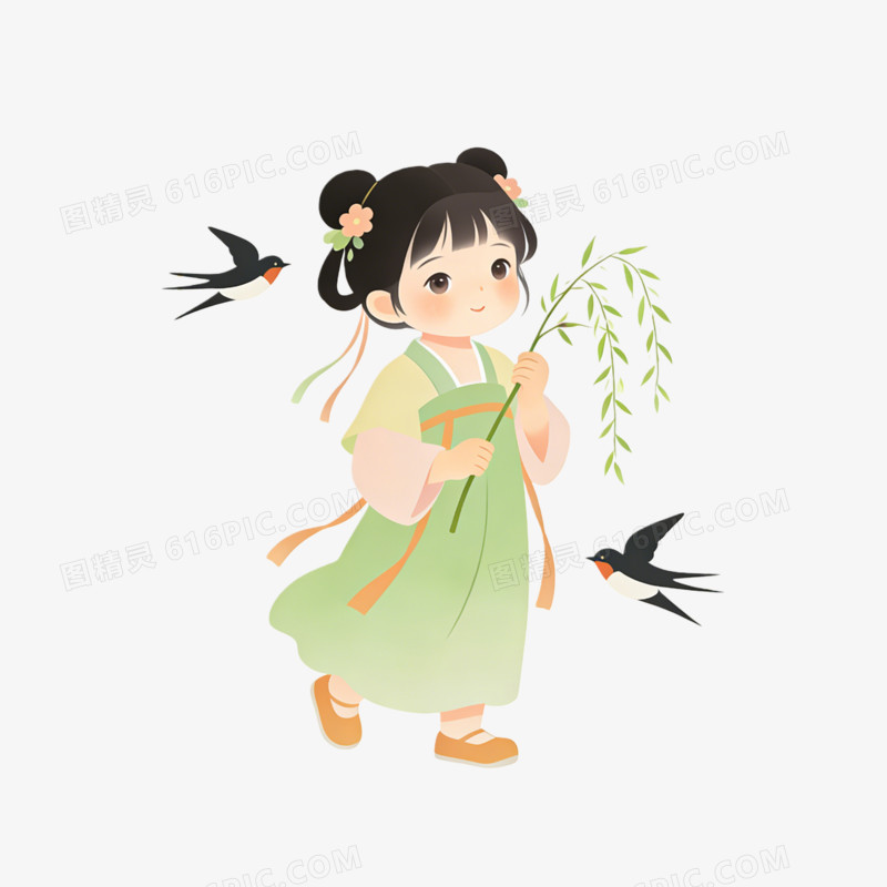 立春时节小女孩游春免抠元素