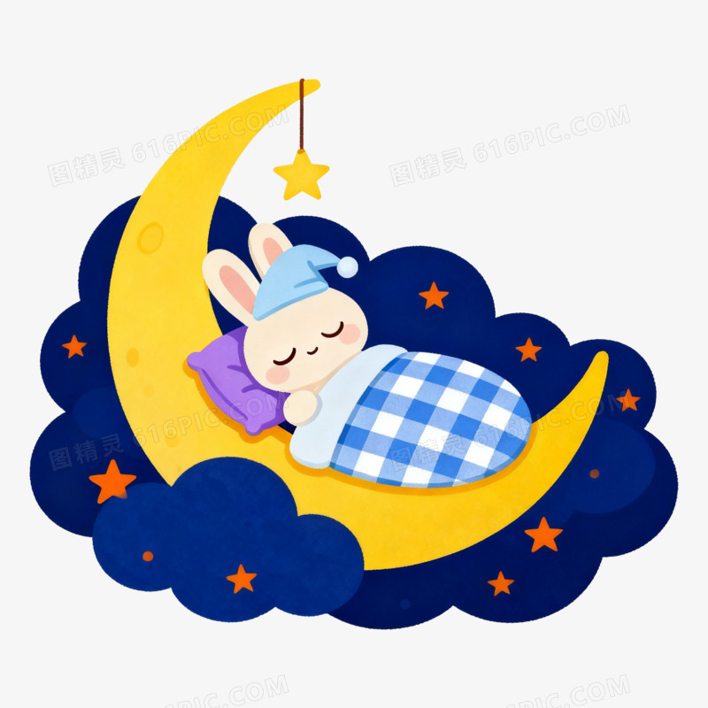 扁平风小兔子在月亮睡觉免抠元素