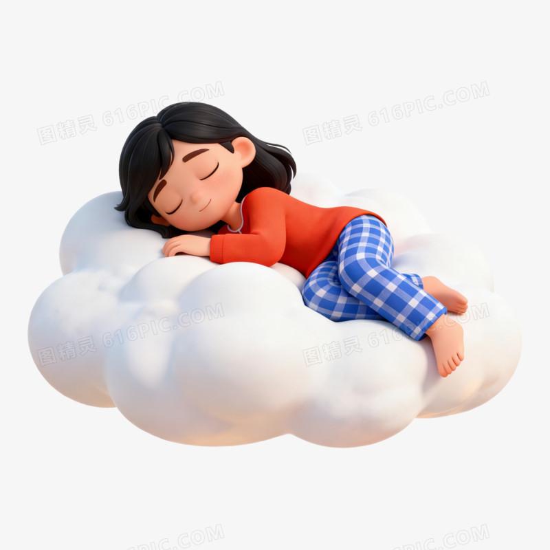 3D立体女孩云上睡觉免抠元素