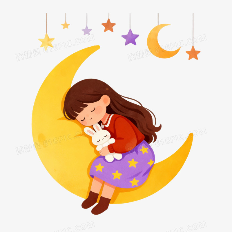 扁平风女孩在月亮睡觉免抠元素