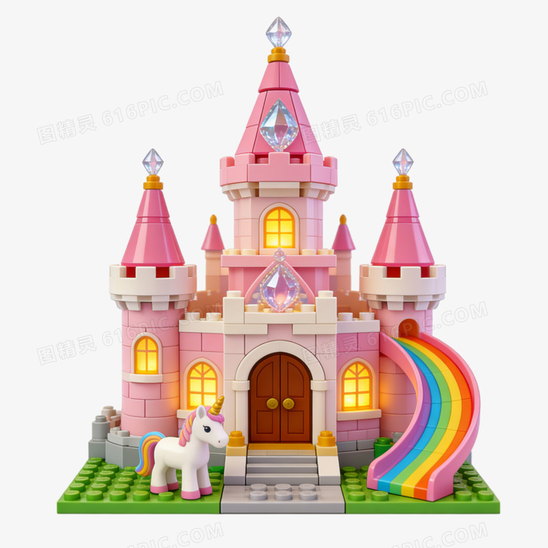 儿童益智玩具粉色卡通小女孩城堡ai免抠元素