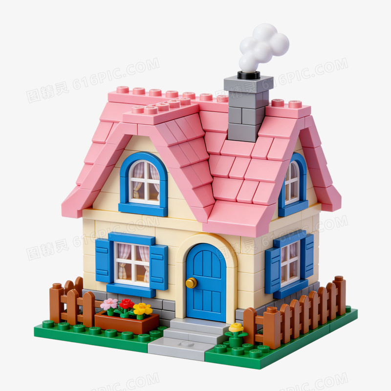 儿童益智玩具粉色卡通画房子积木ai免抠元素