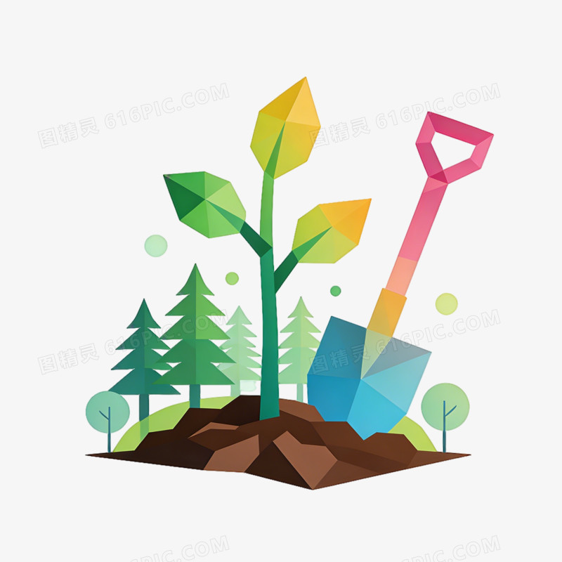 卡通植树造林绿色低多边形插画ai免抠元素