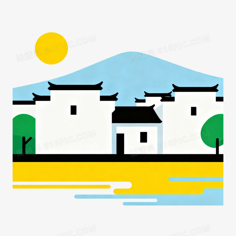 扁平卡通几何古镇免抠元素