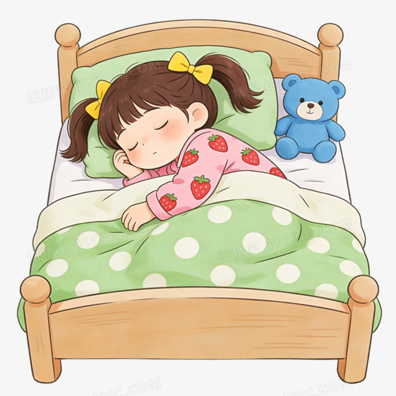 卡通小女孩躺在床上睡觉免抠元素