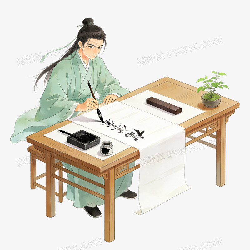国潮插画一个古代年轻书生在写书法免抠元素