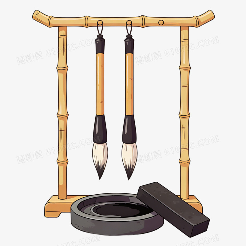 卡通挂着竹架上的毛笔和砚台墨块免抠元素