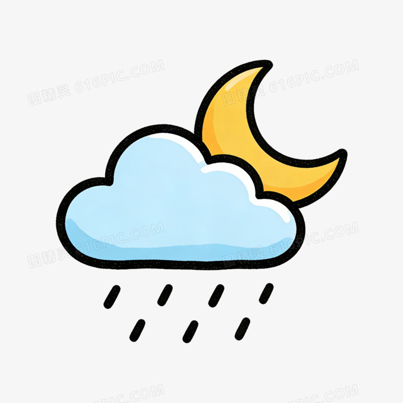 卡通天气图标夜间多云小雨免抠元素