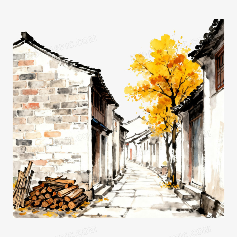 水彩风江南古镇街道免抠元素