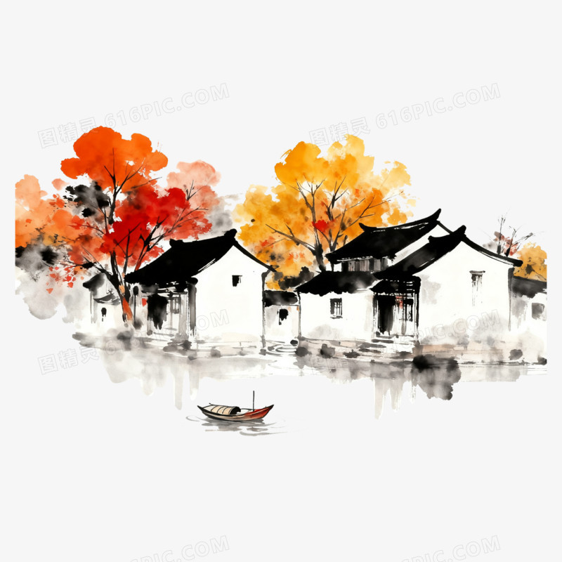 水彩风江南古镇免抠元素