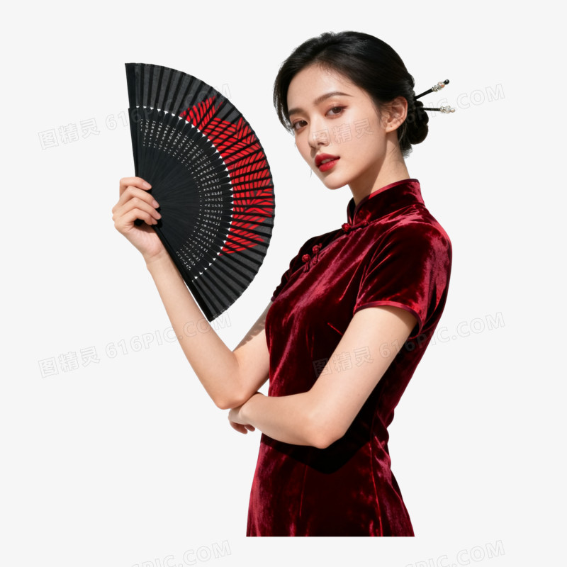 实拍风新年旗袍少女写真免抠元素