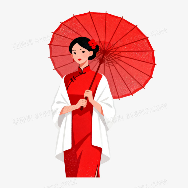扁平风撑伞旗袍少女免抠元素