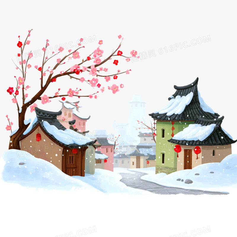 卡通手绘冬天古镇雪景风光免抠元素