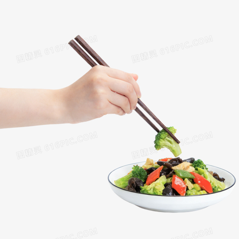 摄影风格手拿筷子夹菜免抠元素