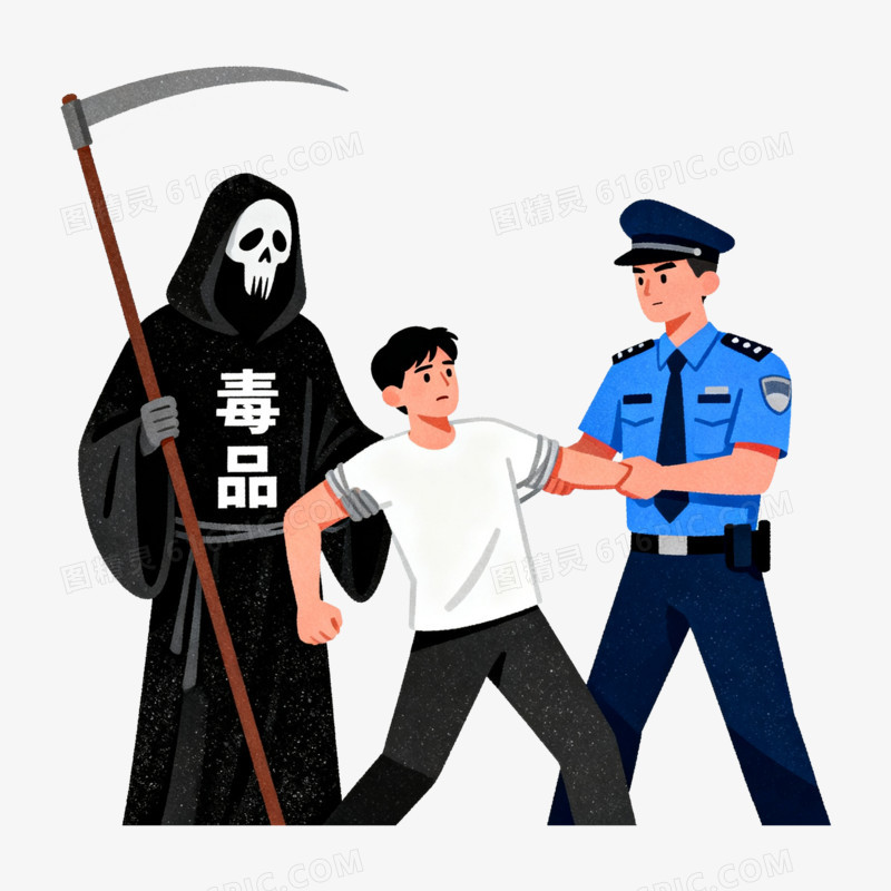 扁平风警察毒品拉扯男子免抠元素