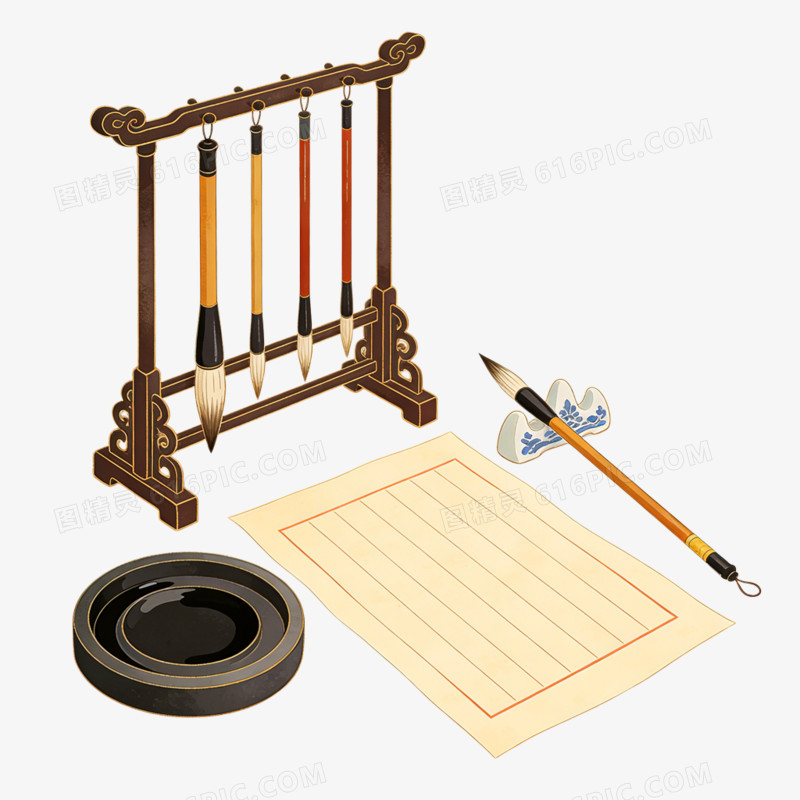 插画风格文房四宝免抠元素