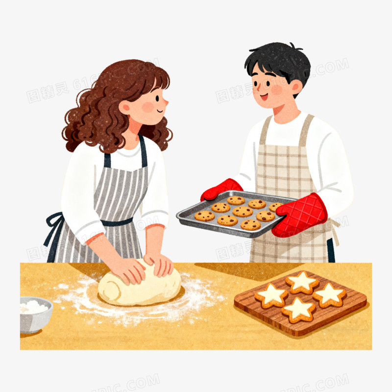 扁平风情侣做面包免抠元素