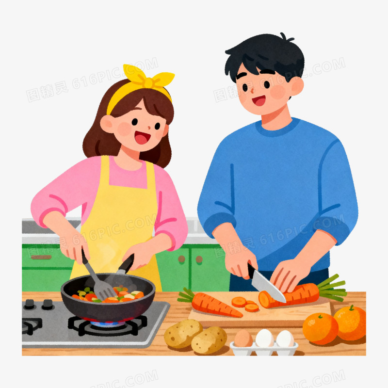 扁平风一对情侣做饭免抠元素