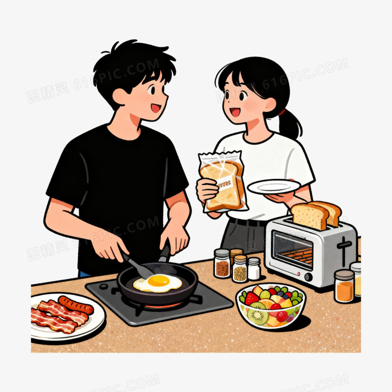 扁平风情侣一起做早饭免抠元素