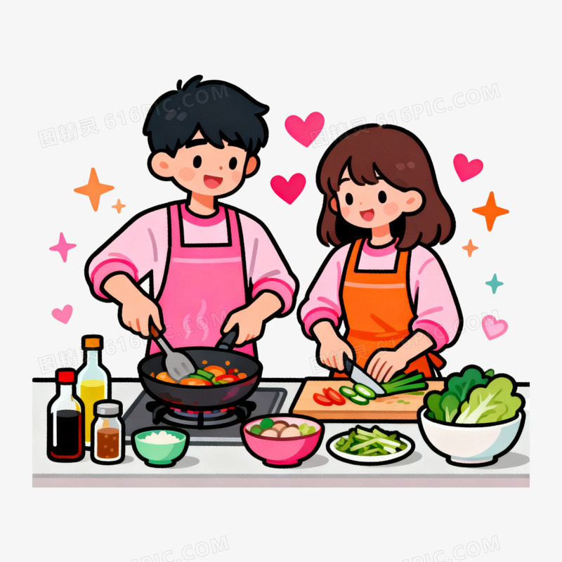 扁平风卡通情侣煮饭免抠元素