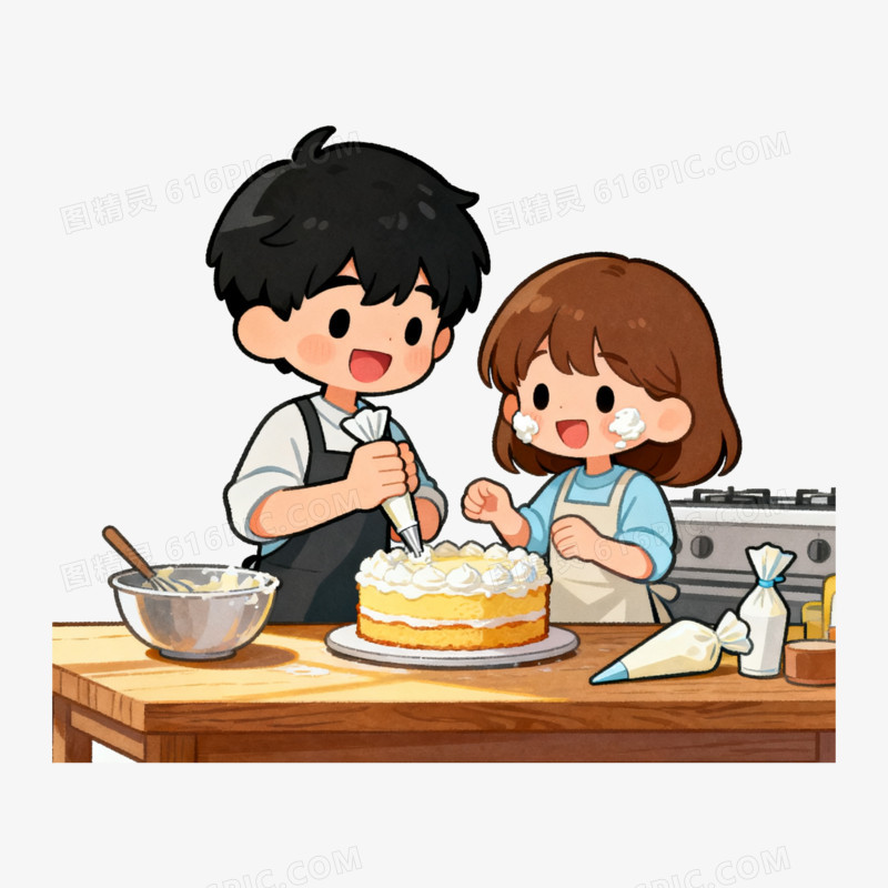 扁平风情侣做蛋糕免抠元素