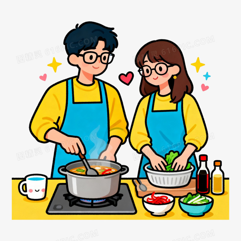 扁平风卡通情侣做饭免抠元素