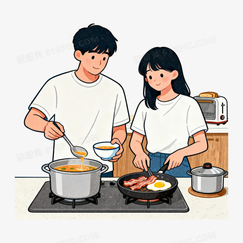 扁平风情侣做早饭免抠元素