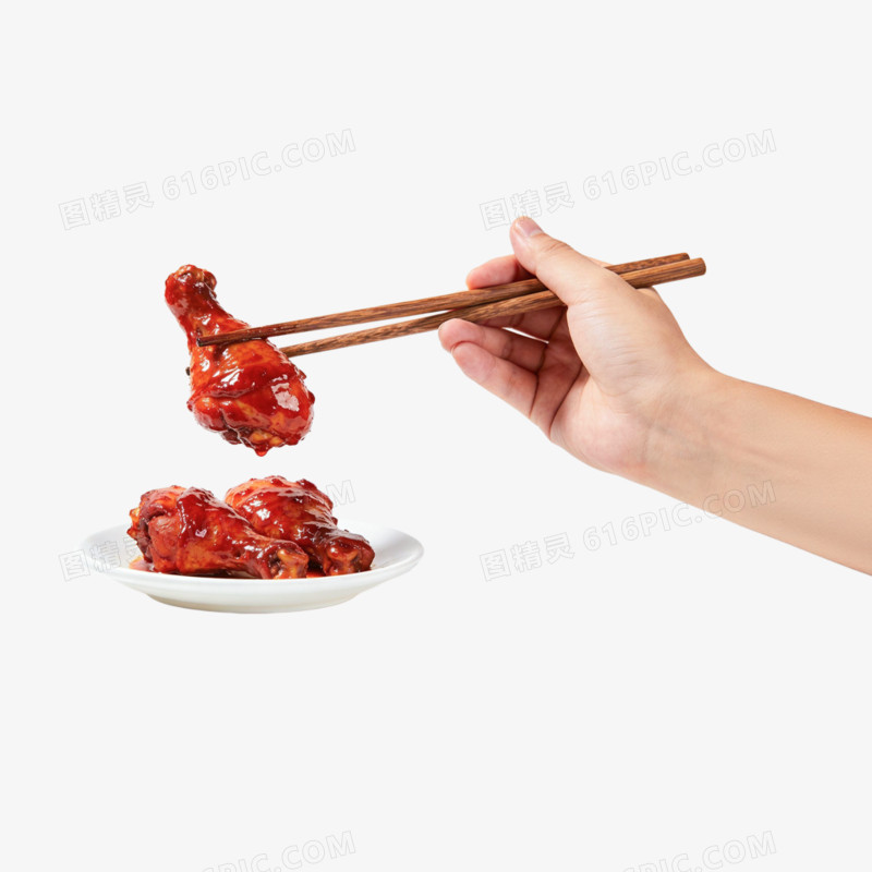 摄影风格手拿筷子夹鸡腿免抠元素