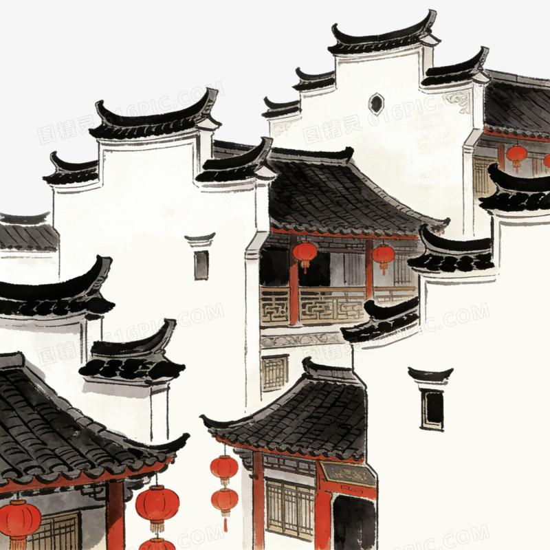 中国中式古镇江南水乡田园乡村建筑一角ai免抠元素