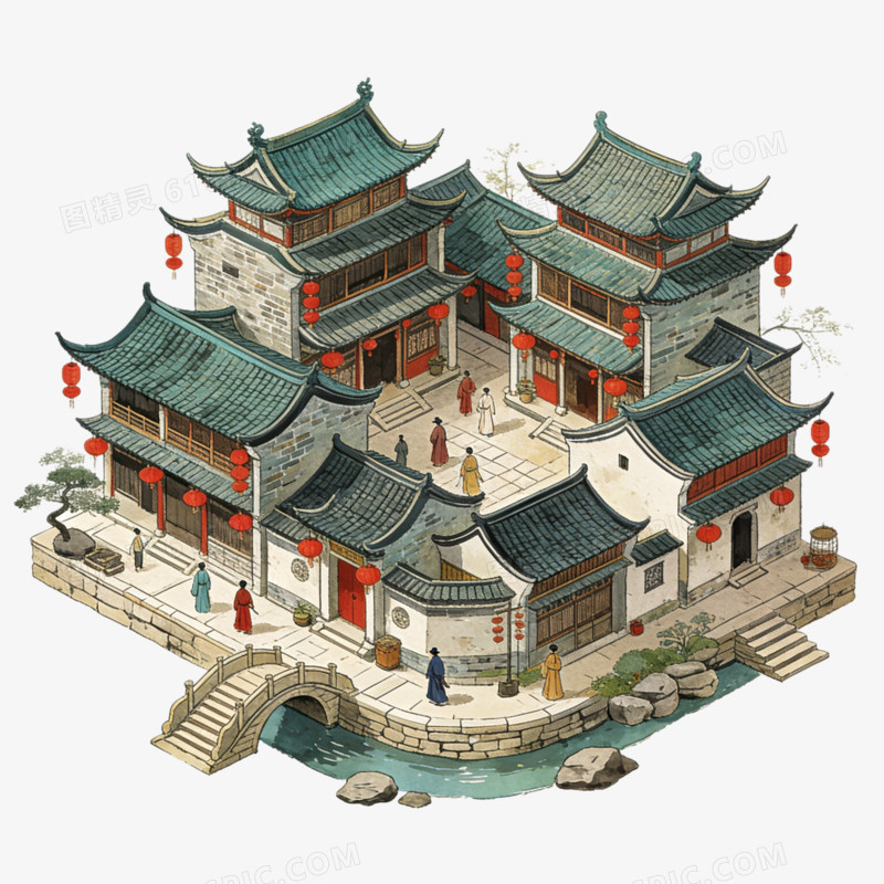 中国中式古镇江南水乡古建筑模型ai免抠元素