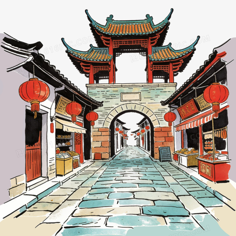中国中式古镇景色ai免抠元素