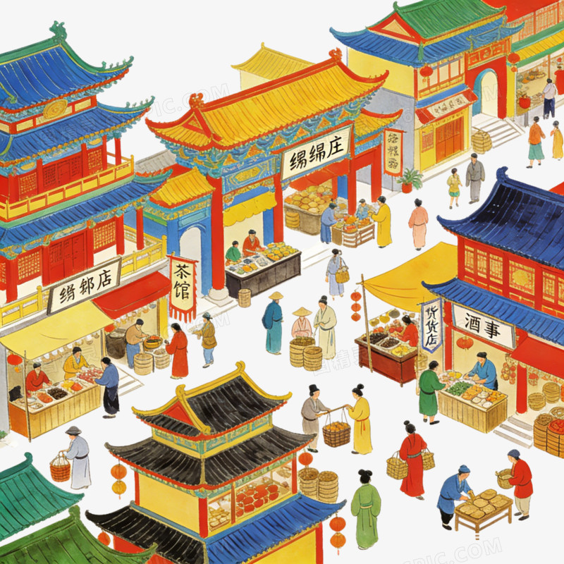 中国中式古镇江南水乡田园特色建筑商业繁荣贸易ai免抠元素