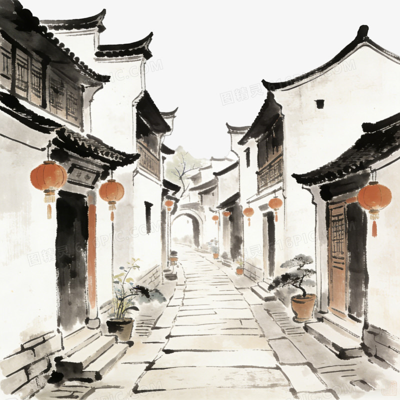 中国中式古镇江南水乡手绘ai免抠元素
