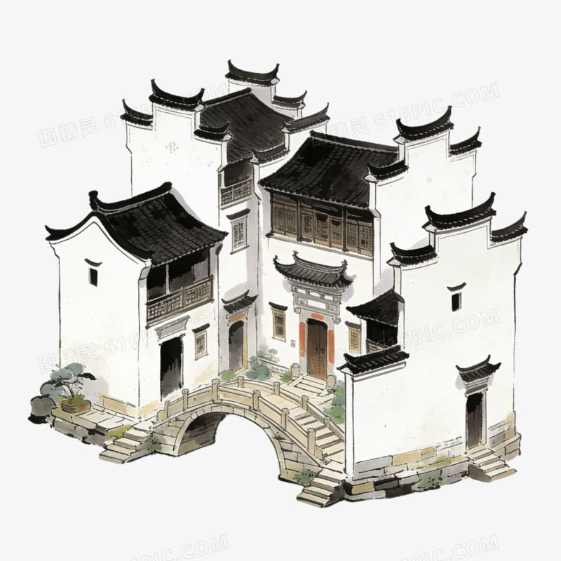 中国中式古镇江南水乡徽派建筑模型ai免抠元素
