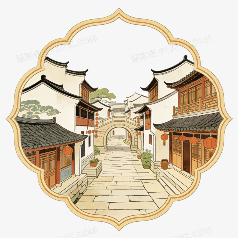 中国中式古镇江南水乡插图ai免抠元素
