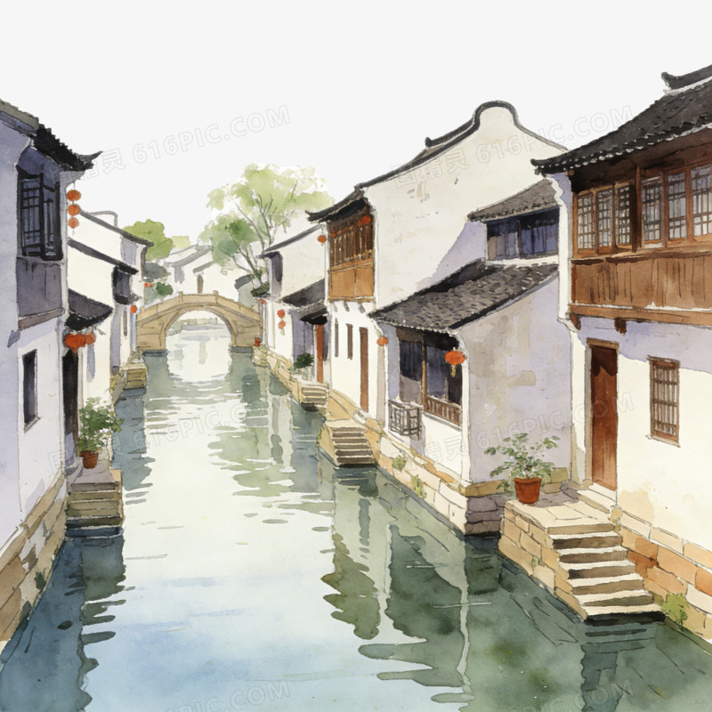 中国中式古镇江南水乡田园乡村图ai免抠元素