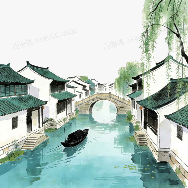 中国中式古镇江南水乡河道ai免抠元素
