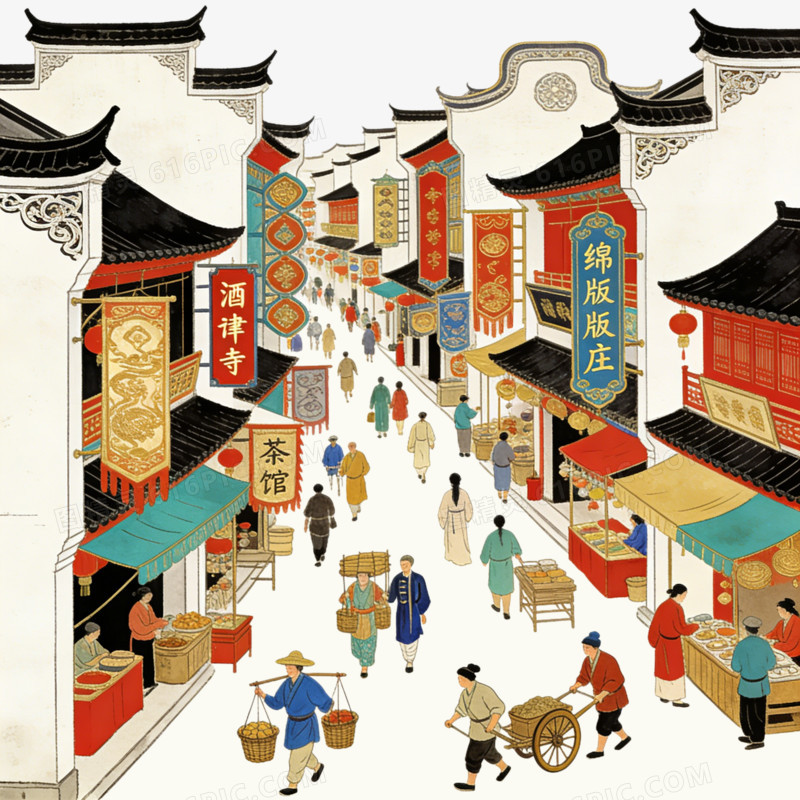 中式古镇繁华的商业街道ai免抠元素