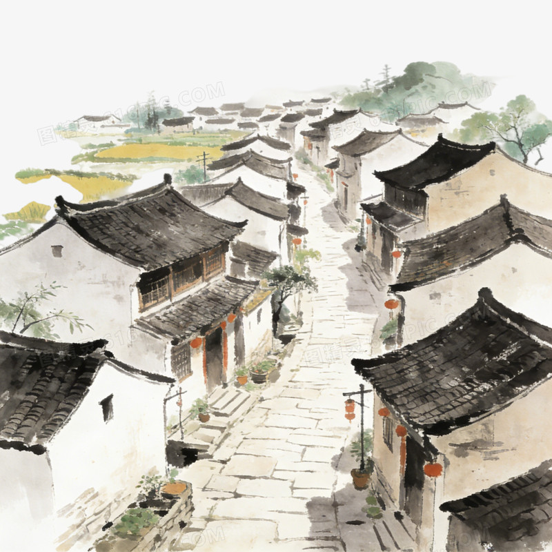 中国中式古镇江南水乡田园乡村插画ai免抠元素