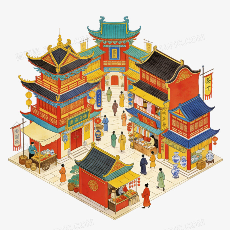 中国中式古镇江南水乡的特色建筑模型ai免抠元素