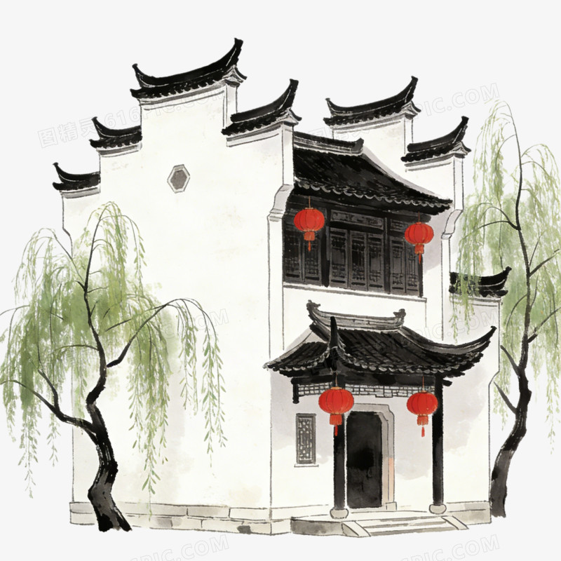 中国中式古镇江南水乡田园乡村插画徽派建筑ai免抠元素