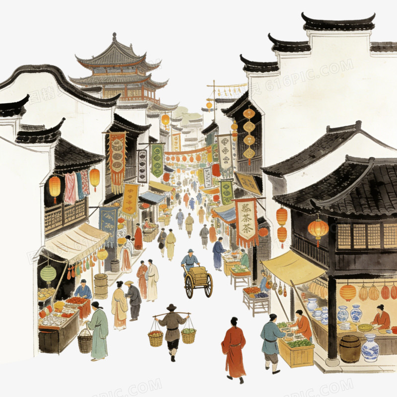中国中式古镇江南水乡繁荣的商业贸易ai免抠元素