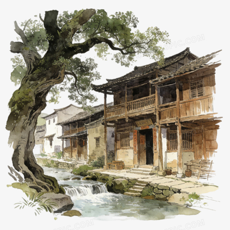中国中式古镇江南水乡田园乡村插画一角ai免抠元素