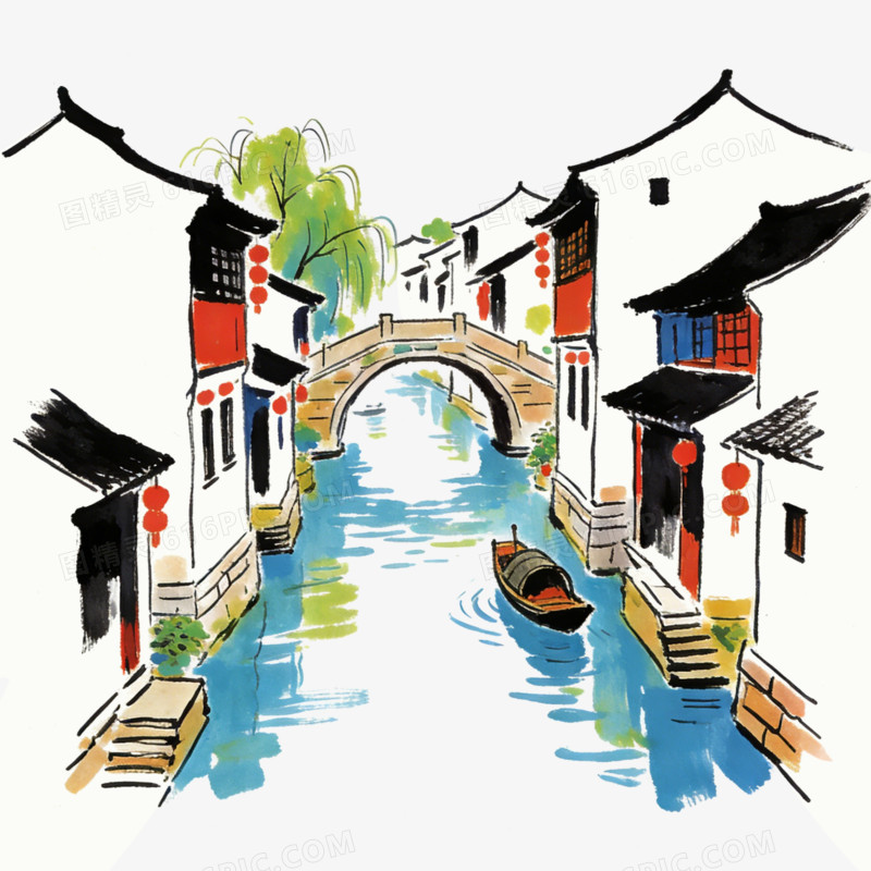 中国中式古镇江南水乡田园乡村插画简画ai免抠元素