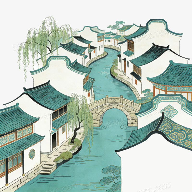 中国中式古镇江南水乡俯视ai免抠元素