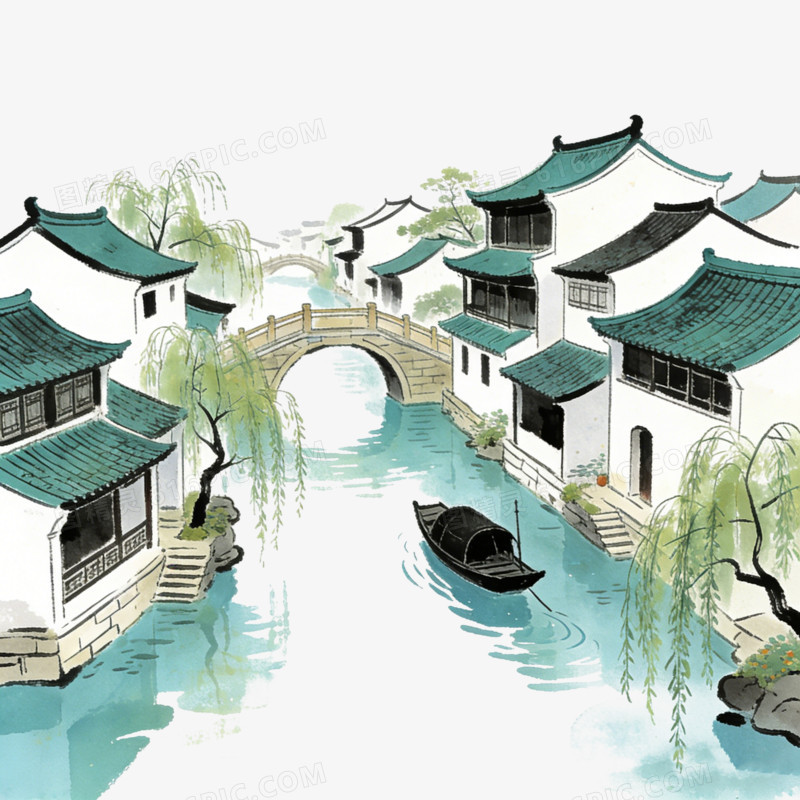 中国中式古镇江南水乡田园乡村就客厅ai免抠元素