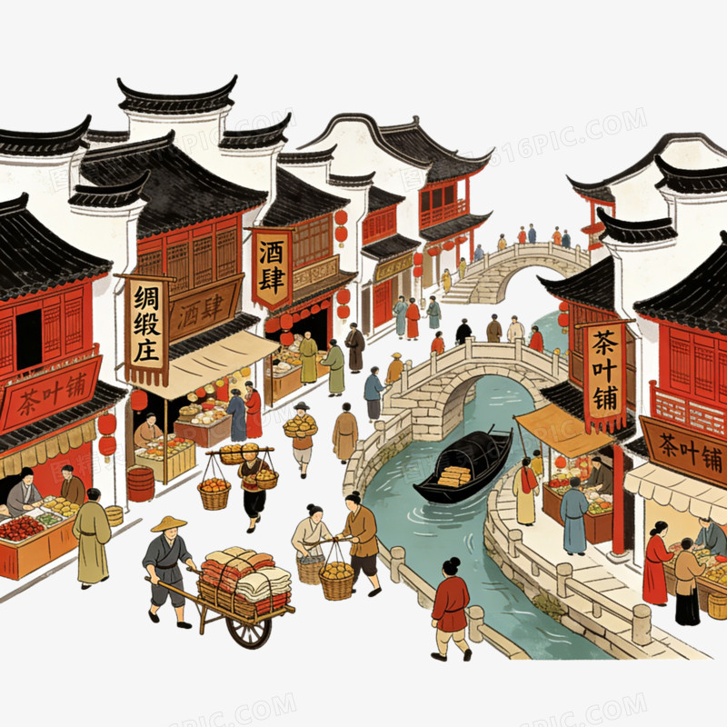 中国中式古镇江南水乡城市ai免抠元素